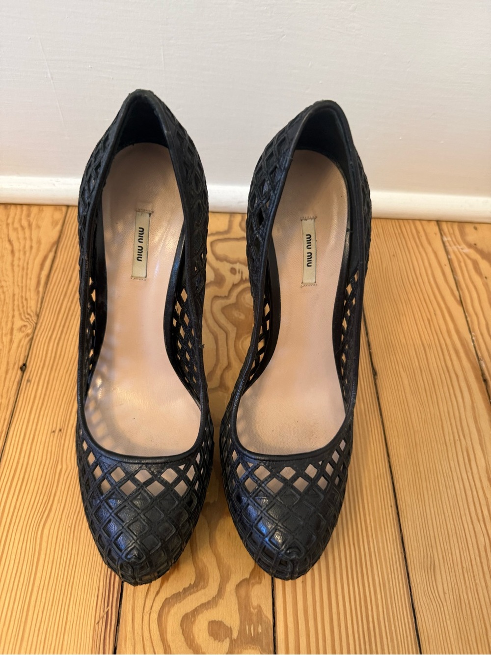 Miu Miu Black Woven Lattice Pointed Toe Pumps